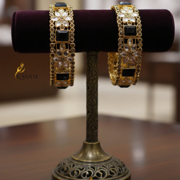 Exquisite Set of Two Gold-Plated Bangles Adorned with Elegant Black Stones