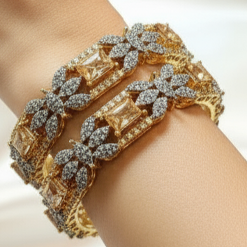 Exquisite Gold-Plated Champagne Stone and Diamond-Cut Bangle Pair