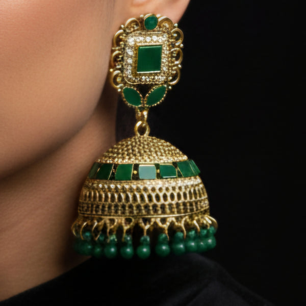 Antique Gold-Plated Jhumka Earrings with Green Stone & Bead Accents