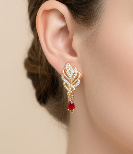 Radiant Ruby: Closely Knit CZ Red Stone Earrings