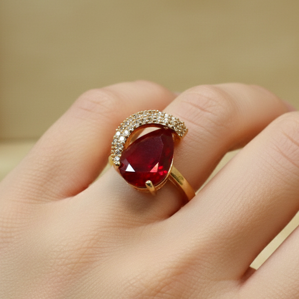 Lunar Glow: Red Stone Crescent Zircon Ring Adjustable