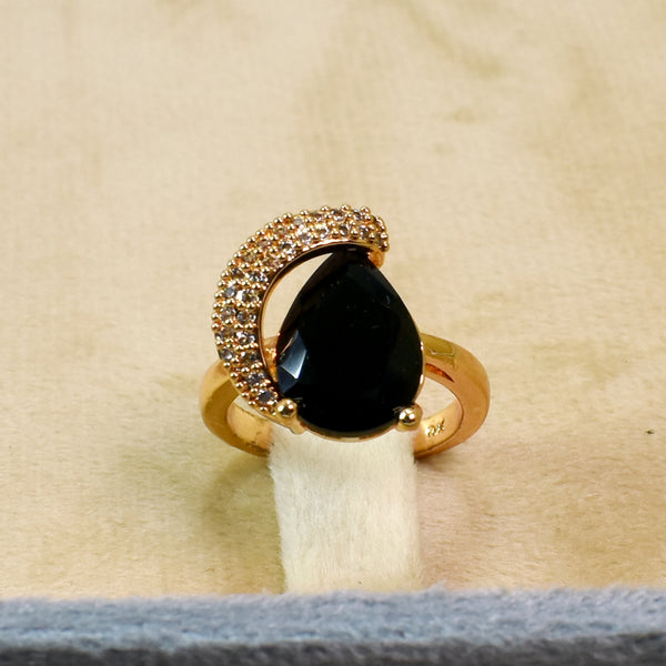 Lunar Glow: Black Stone Crescent Zircon Ring Adjustable