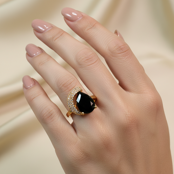 Lunar Glow: Black Stone Crescent Zircon Ring Adjustable