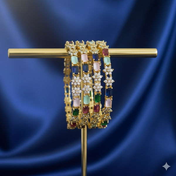 Gold-Plated CZ & American Diamond Line Bangle Set (Set of 4)