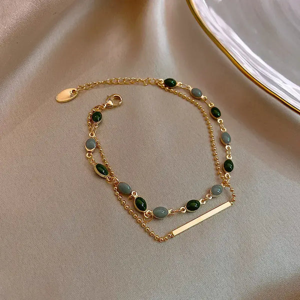 Vintage-Inspired Double-Layer Bracelet with Synthetic Green Stone Accents, Fashionable Copper Chain Link with Iron Bar Pendant, Exquisite Upscale Jewelry, Perfect Gift