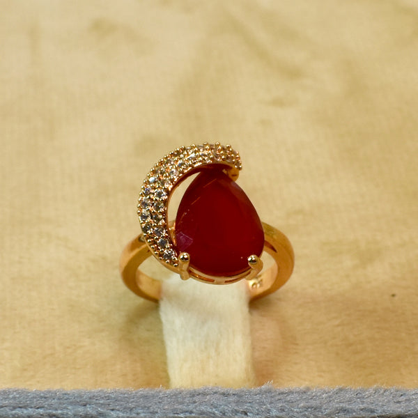 Lunar Glow: Red Stone Crescent Zircon Ring Adjustable