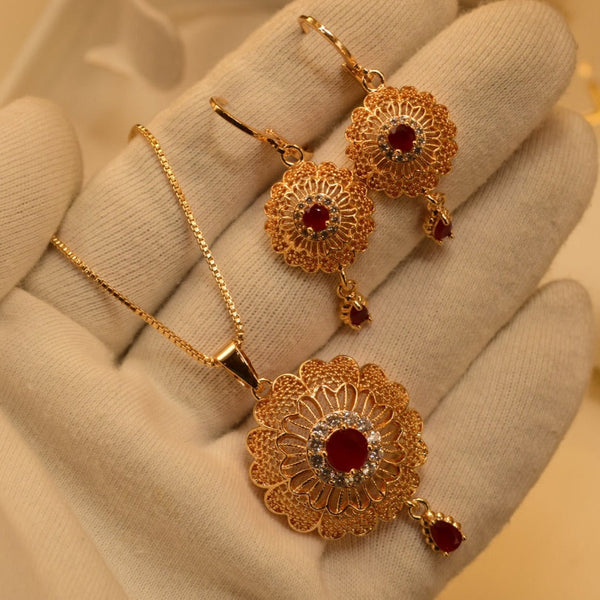 Luxurious Gold Plated Red Stone Necklace Set