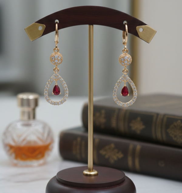 Gold-Tone Statement Drop Earrings with Simulated Red Gemstone