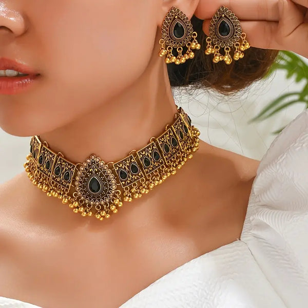 Mughal Inspired Gold-Tone Black Stone Choker Necklace Set with Earrings