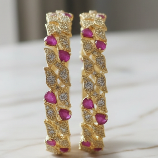 Exquisite Designer Red Stone Gold-Toned Statement Bangles