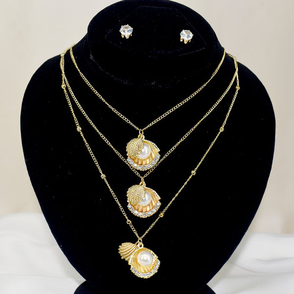 Sparkling 3 Layer Golden Pearl Necklace Set