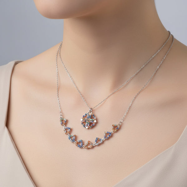 Magnetic Folding Heart Multicolor Leaf Clover Silver Necklace