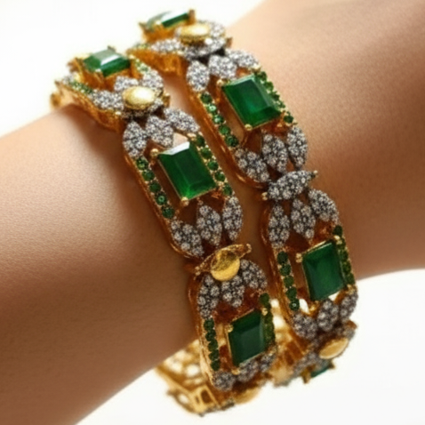 Exquisite Gold-Plated Emerald and Diamond-Cut Bangle Pair