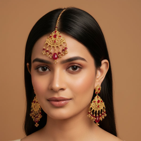 Luxury Red Maang Tikka with Kundan Jhumka Earrings