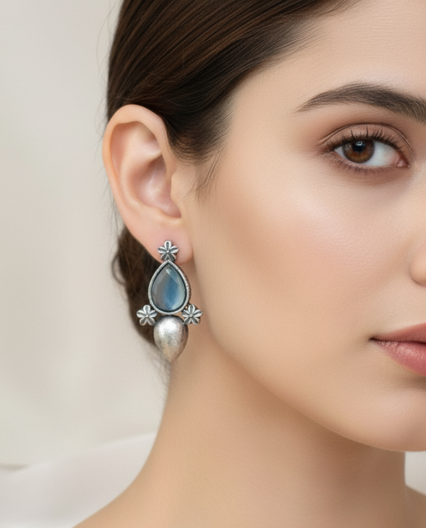 Serene Glow: Oxidized Sky Blue Stone Earrings