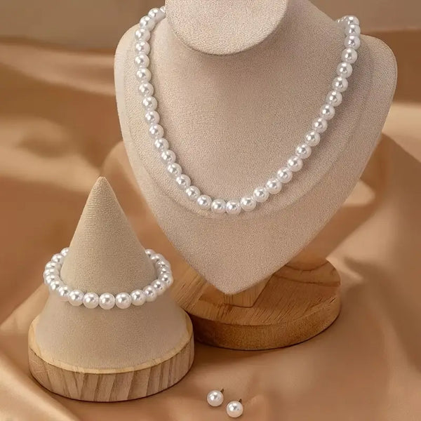 Elegant French-Style Vintage Pearl Necklace, Bracelet & Earrings Set - White Acrylic Beads