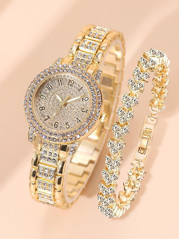 1pc Women Gold Stainless Steel Strap Glamorous Rhinestone Decor Round Dial Quartz Watch & 1pc Bracelet