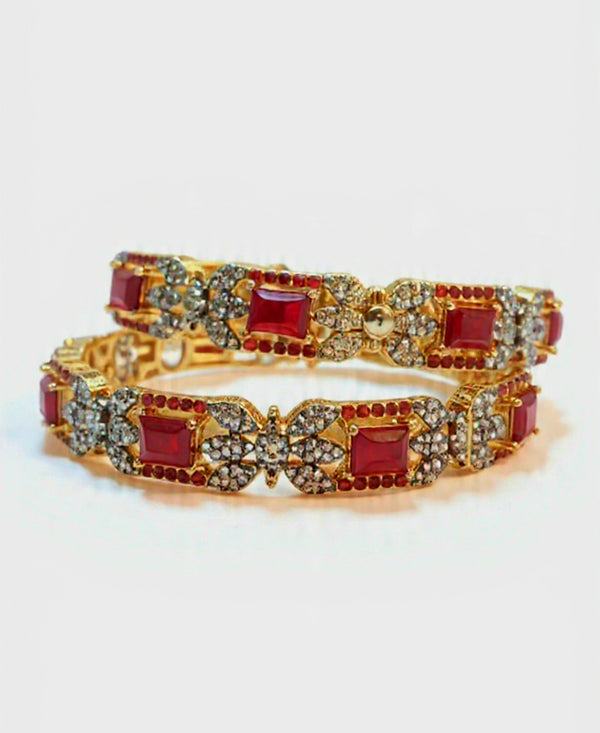Exquisite Gold-Plated Ruby and Diamond-Cut Bangle Pair