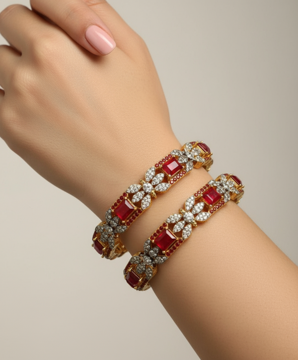 Exquisite Gold-Plated Ruby and Diamond-Cut Bangle Pair