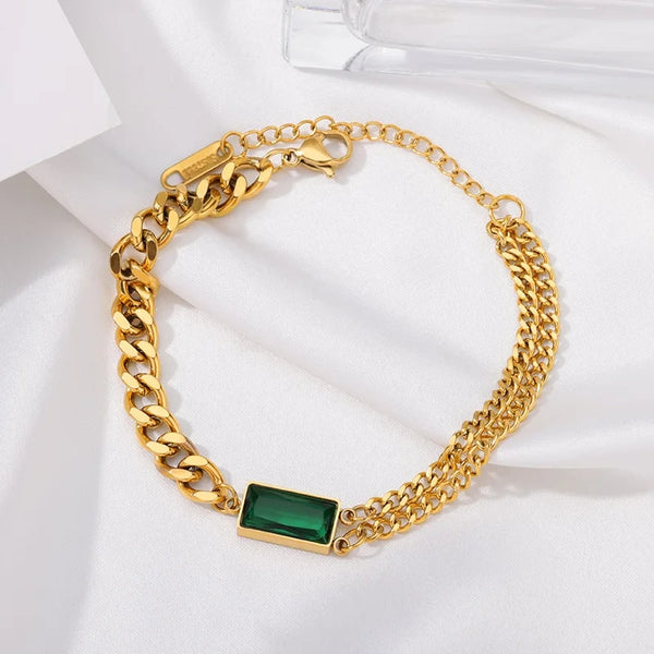 Emerald Oasis: Link Bracelet with CZ Green Stone"