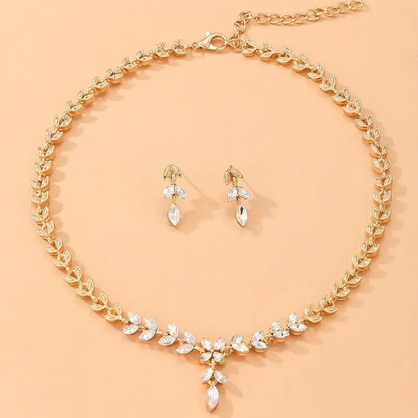 3Pcs/Set Golden Alloy Leaf Shape & Rhinestone Decor Earrings And Necklace Set For Women