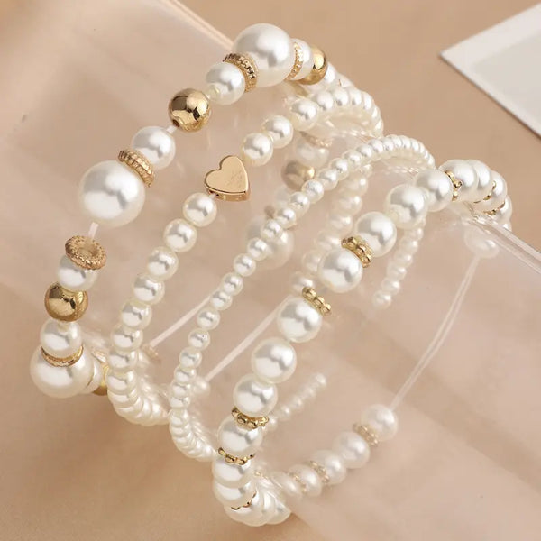 4pcs Set Faux Pearl & Heart Charm Bracelet, Fashion Jewelry