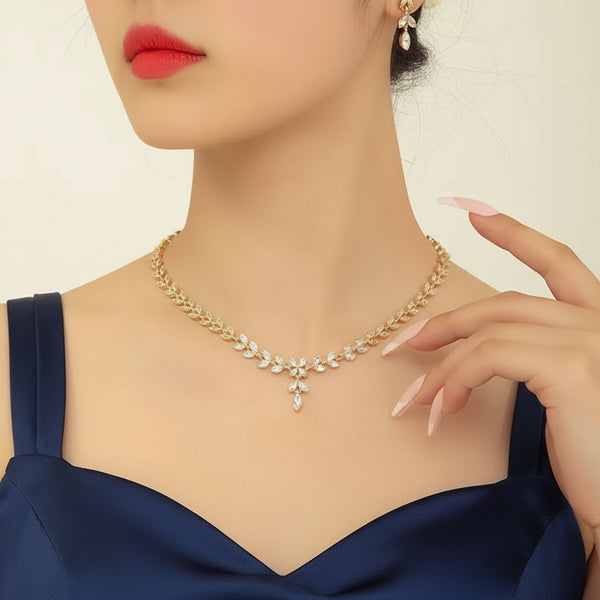 3Pcs/Set Golden Alloy Leaf Shape & Rhinestone Decor Earrings And Necklace Set For Women