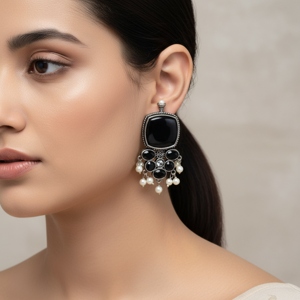 Oxidized Black Stone Indian Earrings