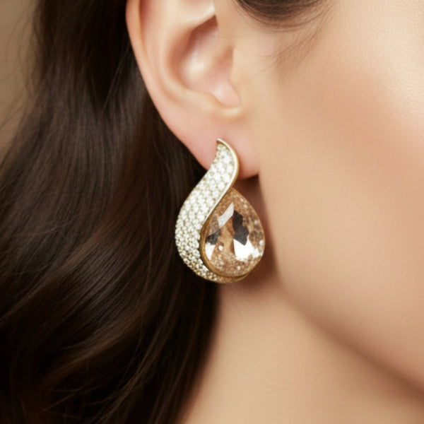 Glamorous Teardrop Statement Earrings with Pave Crystals and Champagne Stone