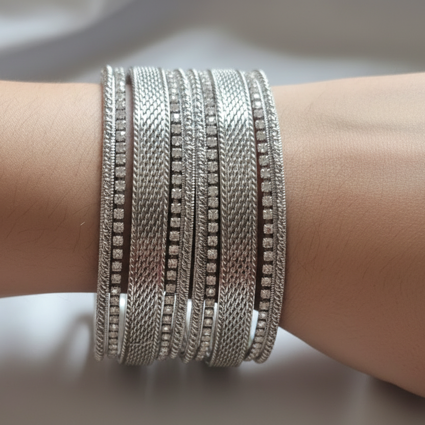 Texture Bangles Silver-Toned Textured Bangle Set with Intricate Mesh and Stone Detaili ...