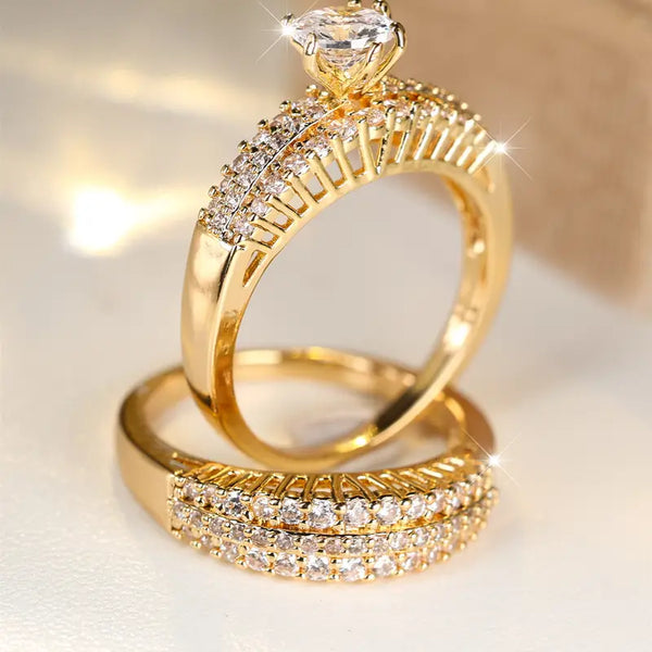 Vanel 1 Pair Luxurious Cubic Zirconia Ring Set, Six-pronged Round Cut Inlaid Diamond Ring Set