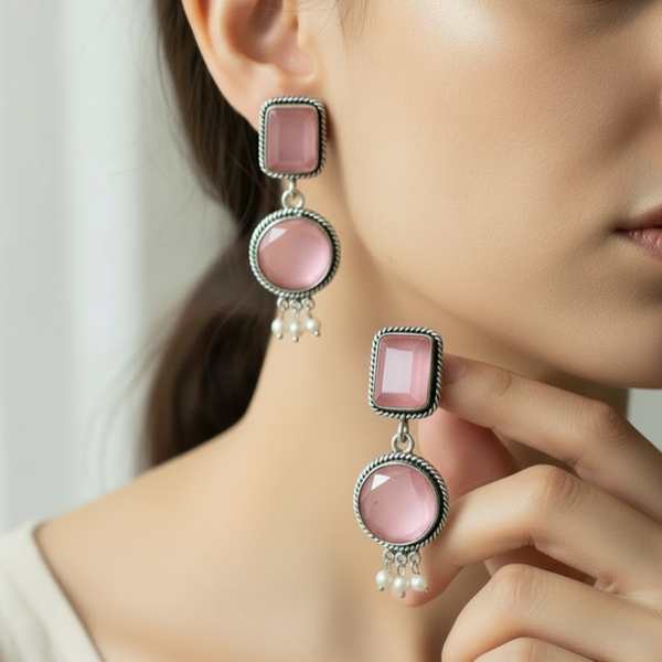 Oxidized Pink Stone Earrings