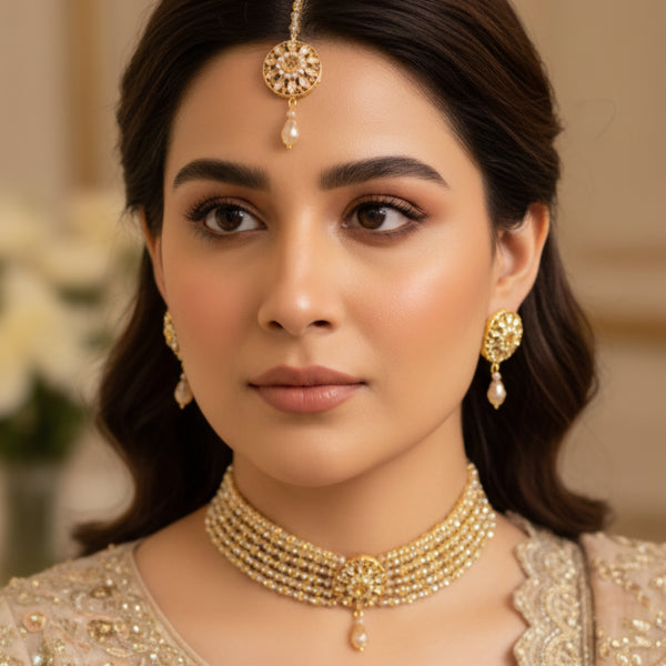 Champagne Beaded Choker Necklace, Earrings, and Maang Tikka Set