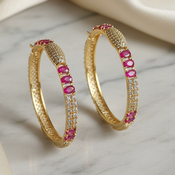Elegant Gold-Tone and Red Stone American Diamond Bangles