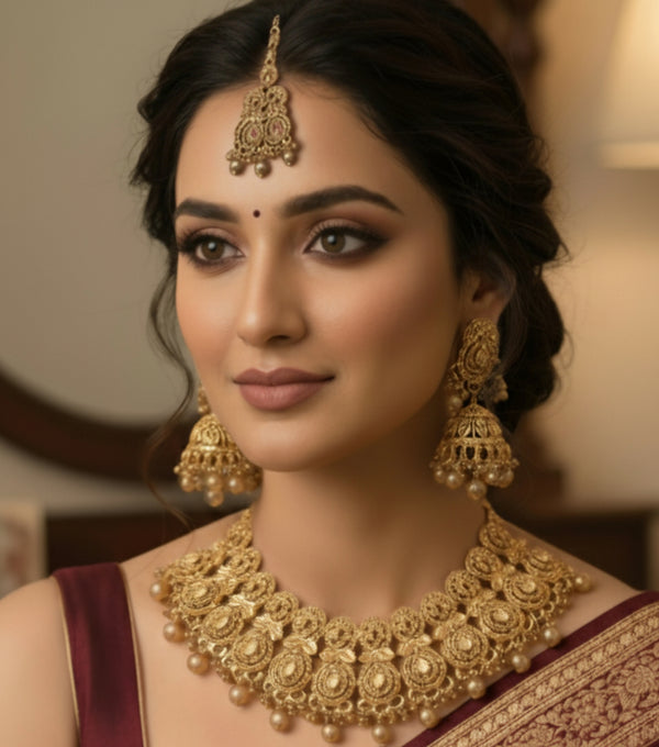 Opulent Gold Plated Kundan/Jadau-Style Choker and Maang Tikka Set