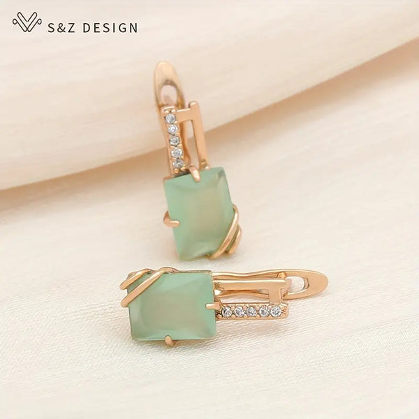 Elegant Golden-Tone Rectangle Drop Earrings with Green Glass & Cubic Zirconia Accents