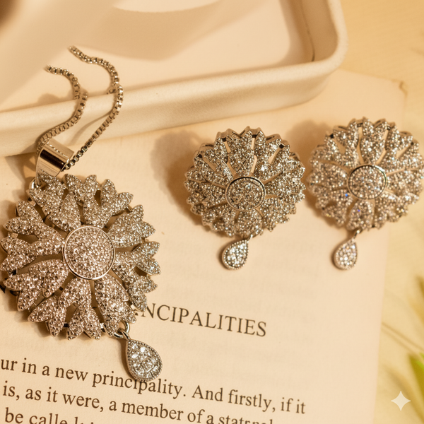 Sparkling Floral Cubic Zirconia Necklace and Earring Set