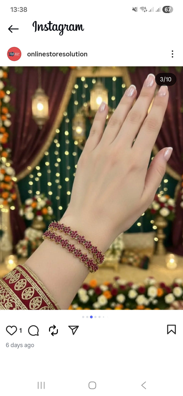 American Diamond (AD) / CZ Red Stone Flower Bangle Set