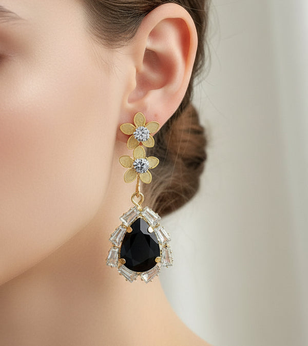 Starry Nightfall: Teardrop Earrings with Black Stone