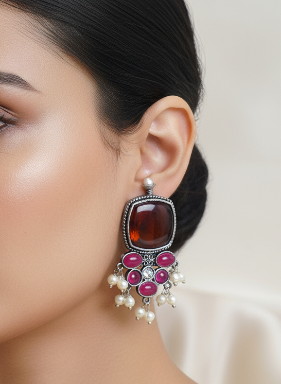 Oxidized Red Stone Indian Earrings