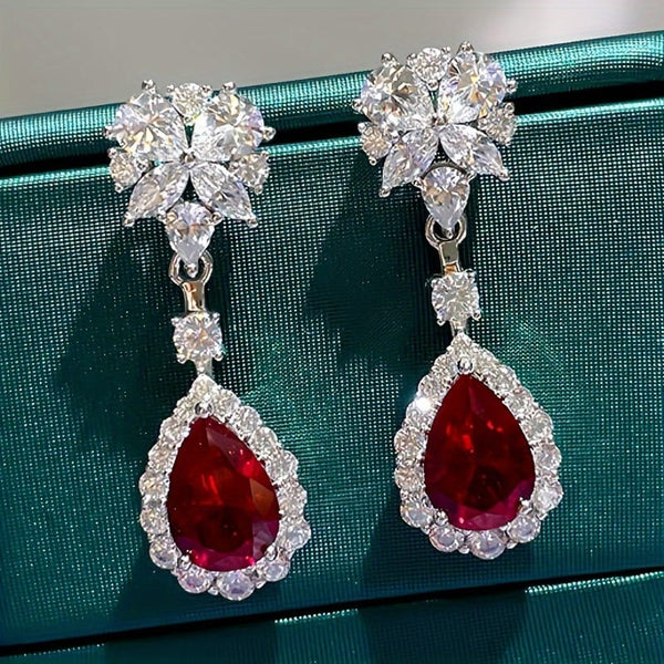 Charm Flower Ruby Diamond  Dangle Earings