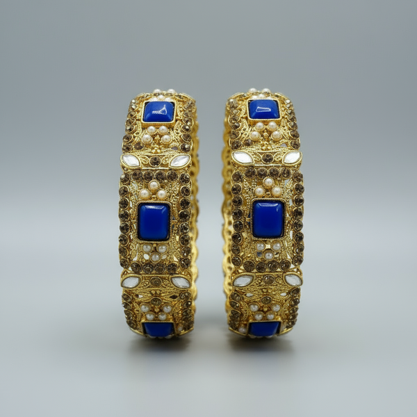 Set of Two Gold-Plated Bangles with Stunning Blue Stones