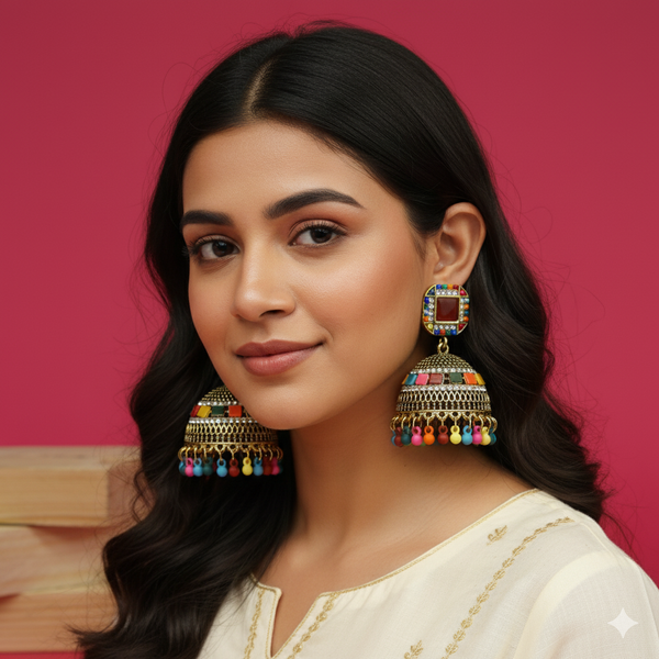 Antique Gold-Plated Jhumka Earrings with Multicolor Stone & Bead Accents