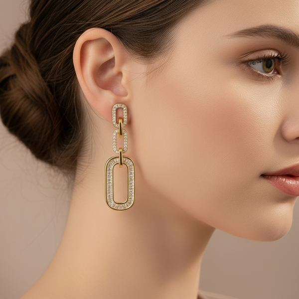 Full Sparkling Rhinestone Decor Golden Dangle Earrings