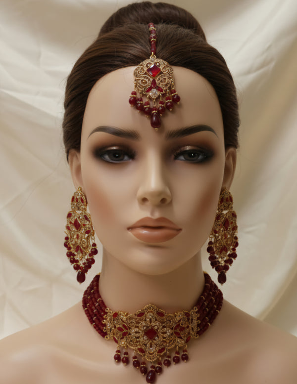 Stunning Ruby Red Bridal Necklace, Maang Tikka & Earrings Set – Gold Plated
