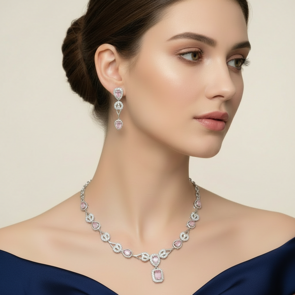 Silver-Tone AD Necklace and Dangle Earrings Set with Pink Gemstone Accents