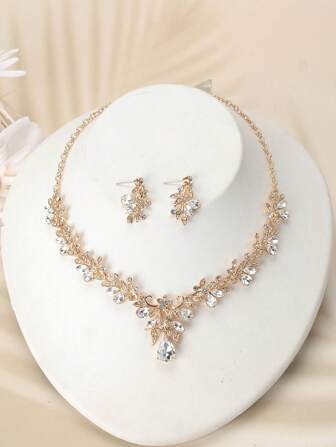 3pcs Fashionable Alloy Rhinestone Glass & Faux Pearl Necklace Earrings Set, Suitable For Women's Wedding And Party Elegant