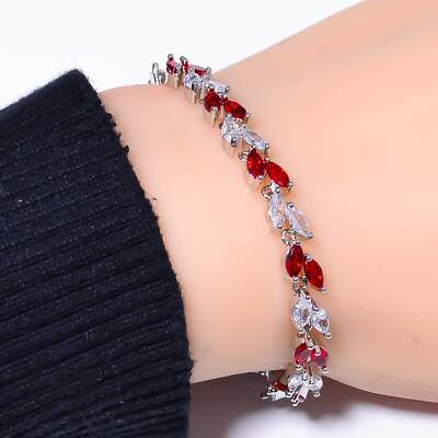 Red Garnet & White Sterling Silver Tennis Bracelet