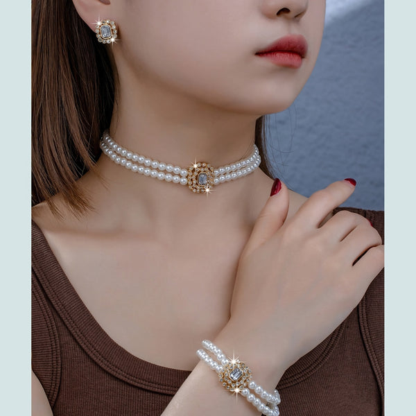 Elegant Pearl Effect: White Choker Necklace, Bracelet & Stud Earrings Set