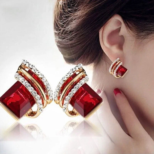 Sophisticated Red Color Rectangle Earring Featuring Leaf Design